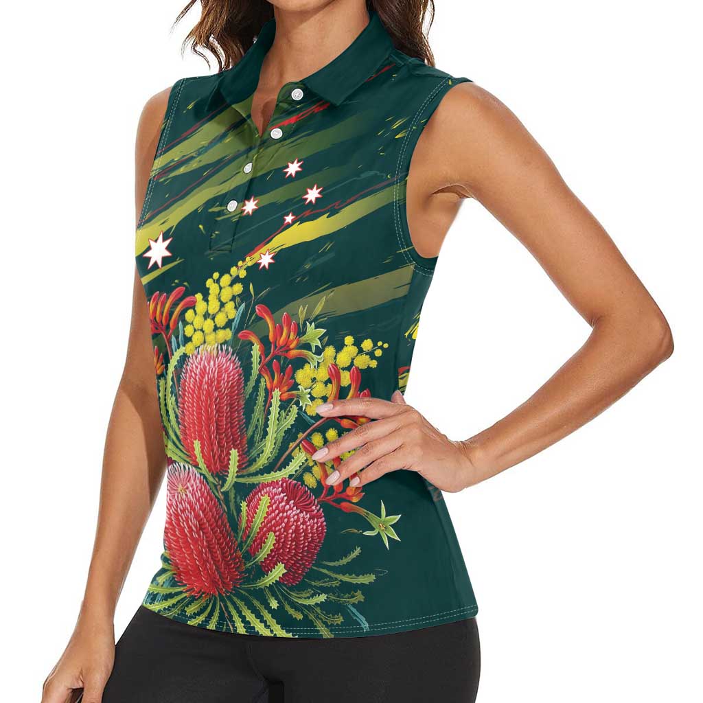 Australian Native Flower Personalised Women Sleeveless Polo Shirt Banksia Nature’s Wild Flame - Aussie Hoodie