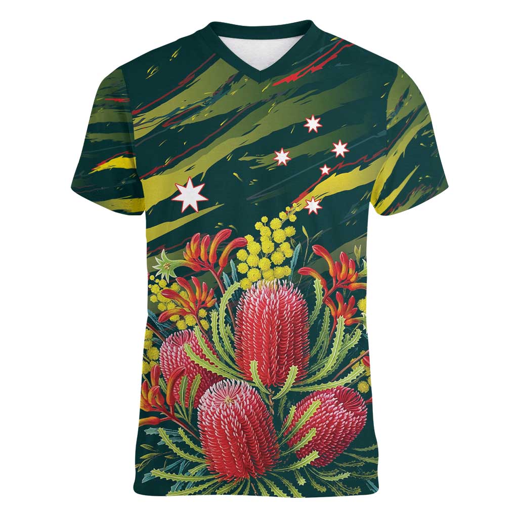 Australian Native Flower Personalised Women V-Neck T-Shirt Banksia Nature’s Wild Flame - Aussie Hoodie