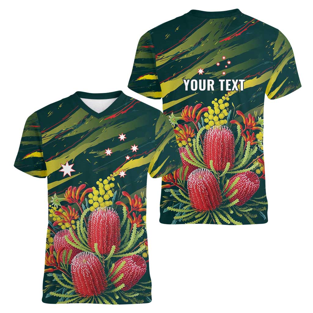 Australian Native Flower Personalised Women V-Neck T-Shirt Banksia Nature’s Wild Flame - Aussie Hoodie