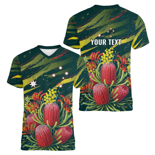 Australian Native Flower Personalised Women V-Neck T-Shirt Banksia Nature’s Wild Flame - Aussie Hoodie
