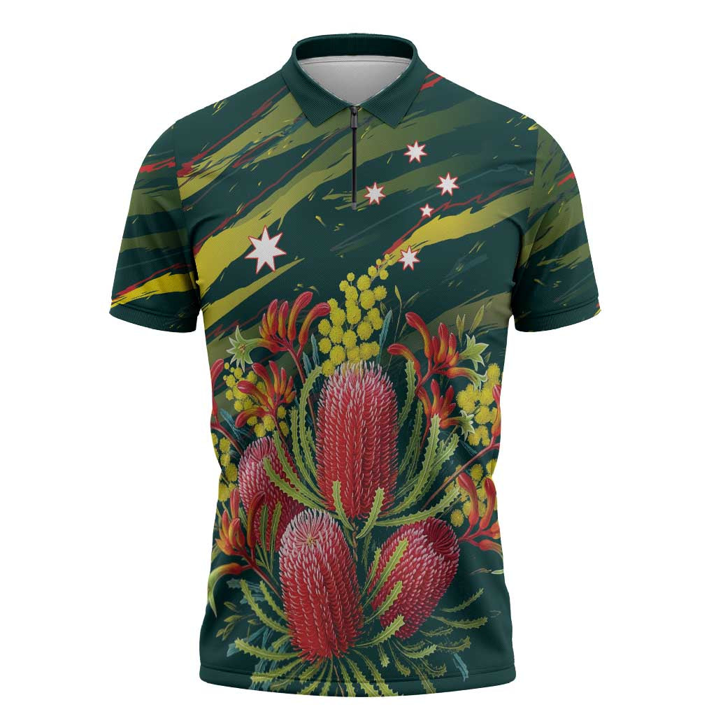 Australian Native Flower Personalised Zipper Polo Shirt Banksia Nature’s Wild Flame - Aussie Hoodie