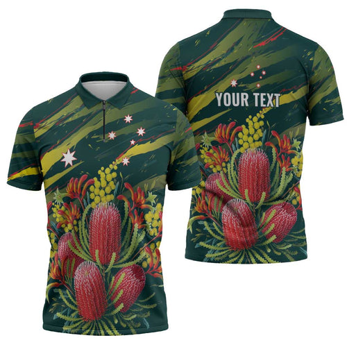 Australian Native Flower Personalised Zipper Polo Shirt Banksia Nature’s Wild Flame - Aussie Hoodie