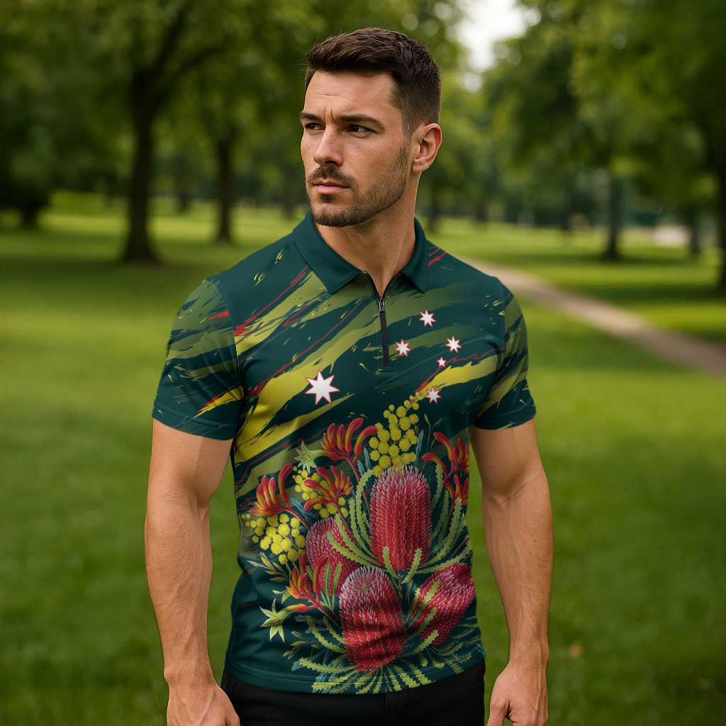 Australian Native Flower Personalised Zipper Polo Shirt Banksia Nature’s Wild Flame - Aussie Hoodie