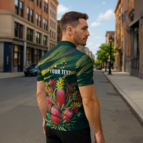 Australian Native Flower Personalised Zipper Polo Shirt Banksia Nature’s Wild Flame - Aussie Hoodie
