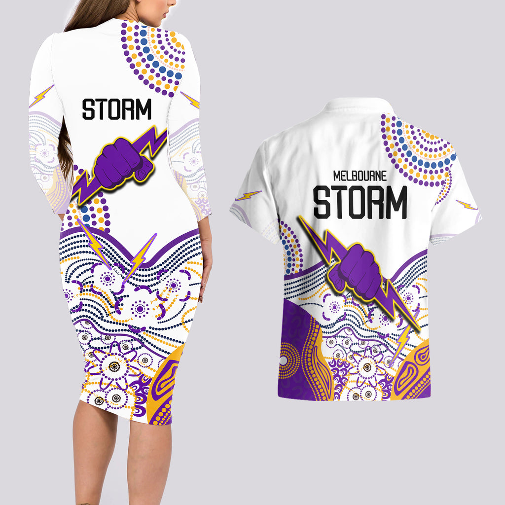 melbourne-storm-2023-couples-matching-long-sleeve-bodycon-dress-and-hawaiian-shirt-special-nrl-rugby-indigenous-aboriginal