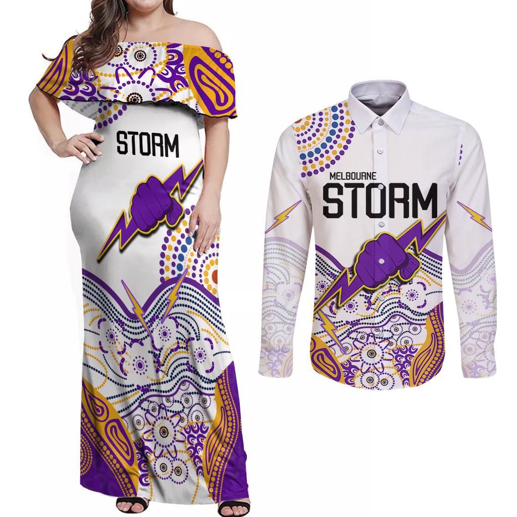 melbourne-storm-2023-couples-matching-off-shoulder-maxi-dress-and-long-sleeve-button-shirts-special-nrl-rugby-indigenous-aboriginal