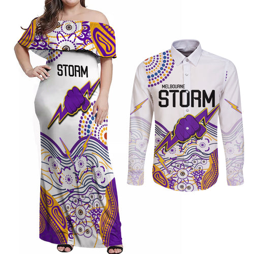 melbourne-storm-2023-couples-matching-off-shoulder-maxi-dress-and-long-sleeve-button-shirts-special-nrl-rugby-indigenous-aboriginal