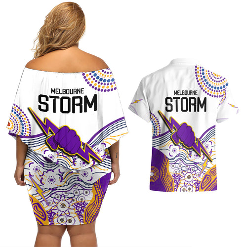 melbourne-storm-2023-couples-matching-off-shoulder-short-dress-and-hawaiian-shirt-special-nrl-rugby-indigenous-aboriginal