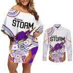 melbourne-storm-2023-couples-matching-off-shoulder-short-dress-and-long-sleeve-button-shirts-special-nrl-rugby-indigenous-aboriginal