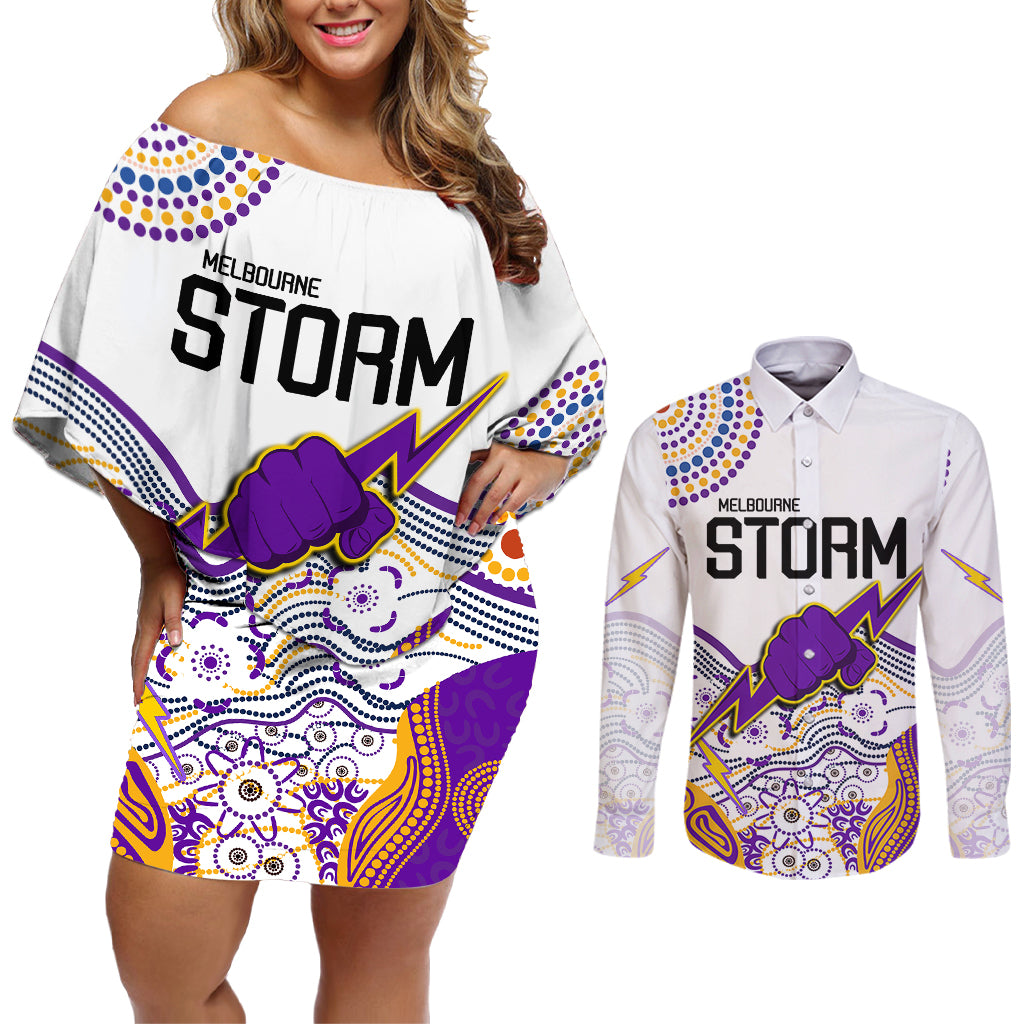 melbourne-storm-2023-couples-matching-off-shoulder-short-dress-and-long-sleeve-button-shirts-special-nrl-rugby-indigenous-aboriginal