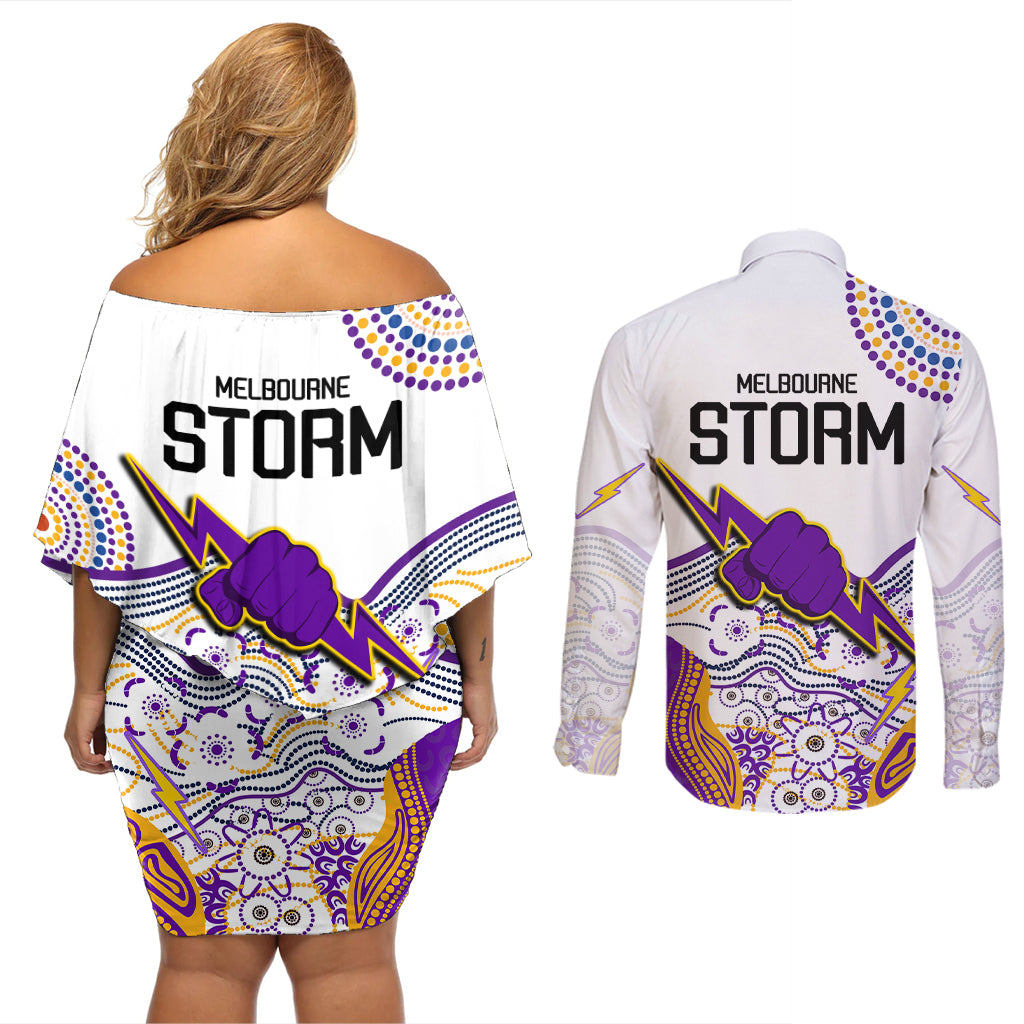 melbourne-storm-2023-couples-matching-off-shoulder-short-dress-and-long-sleeve-button-shirts-special-nrl-rugby-indigenous-aboriginal