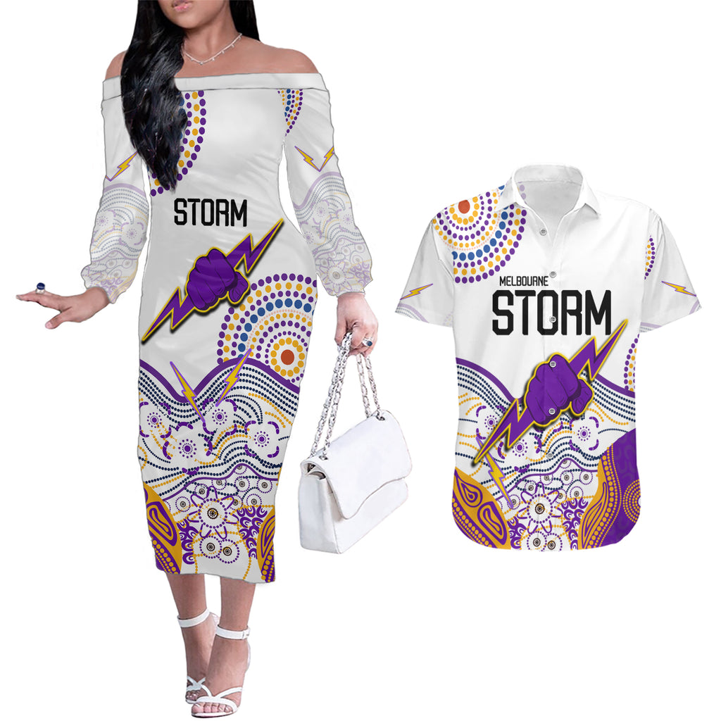 melbourne-storm-2023-couples-matching-off-the-shoulder-long-sleeve-dress-and-hawaiian-shirt-special-nrl-rugby-indigenous-aboriginal