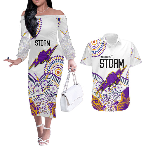 melbourne-storm-2023-couples-matching-off-the-shoulder-long-sleeve-dress-and-hawaiian-shirt-special-nrl-rugby-indigenous-aboriginal