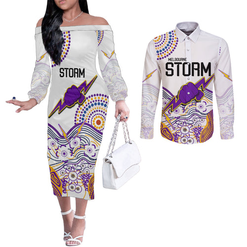 melbourne-storm-2023-couples-matching-off-the-shoulder-long-sleeve-dress-and-long-sleeve-button-shirts-special-nrl-rugby-indigenous-aboriginal