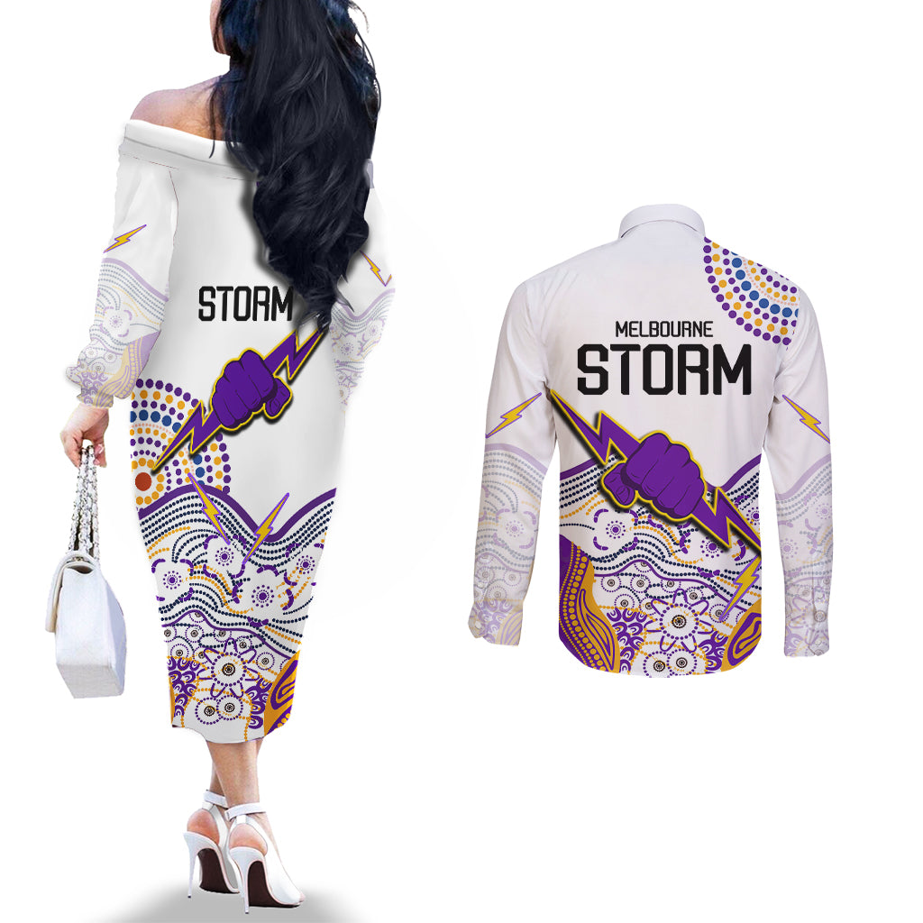 melbourne-storm-2023-couples-matching-off-the-shoulder-long-sleeve-dress-and-long-sleeve-button-shirts-special-nrl-rugby-indigenous-aboriginal