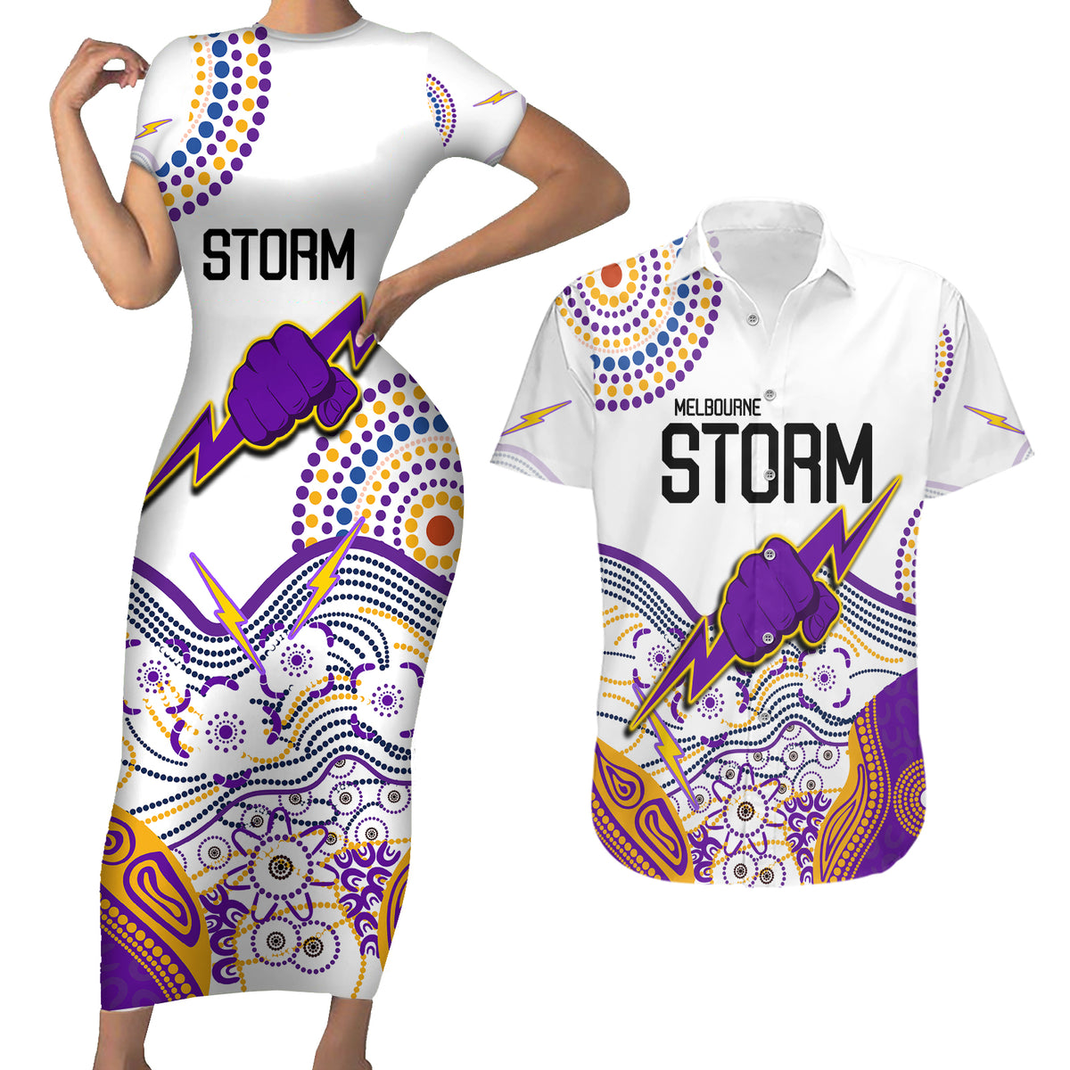 melbourne-storm-2023-couples-matching-short-sleeve-bodycon-dress-and-hawaiian-shirt-special-nrl-rugby-indigenous-aboriginal