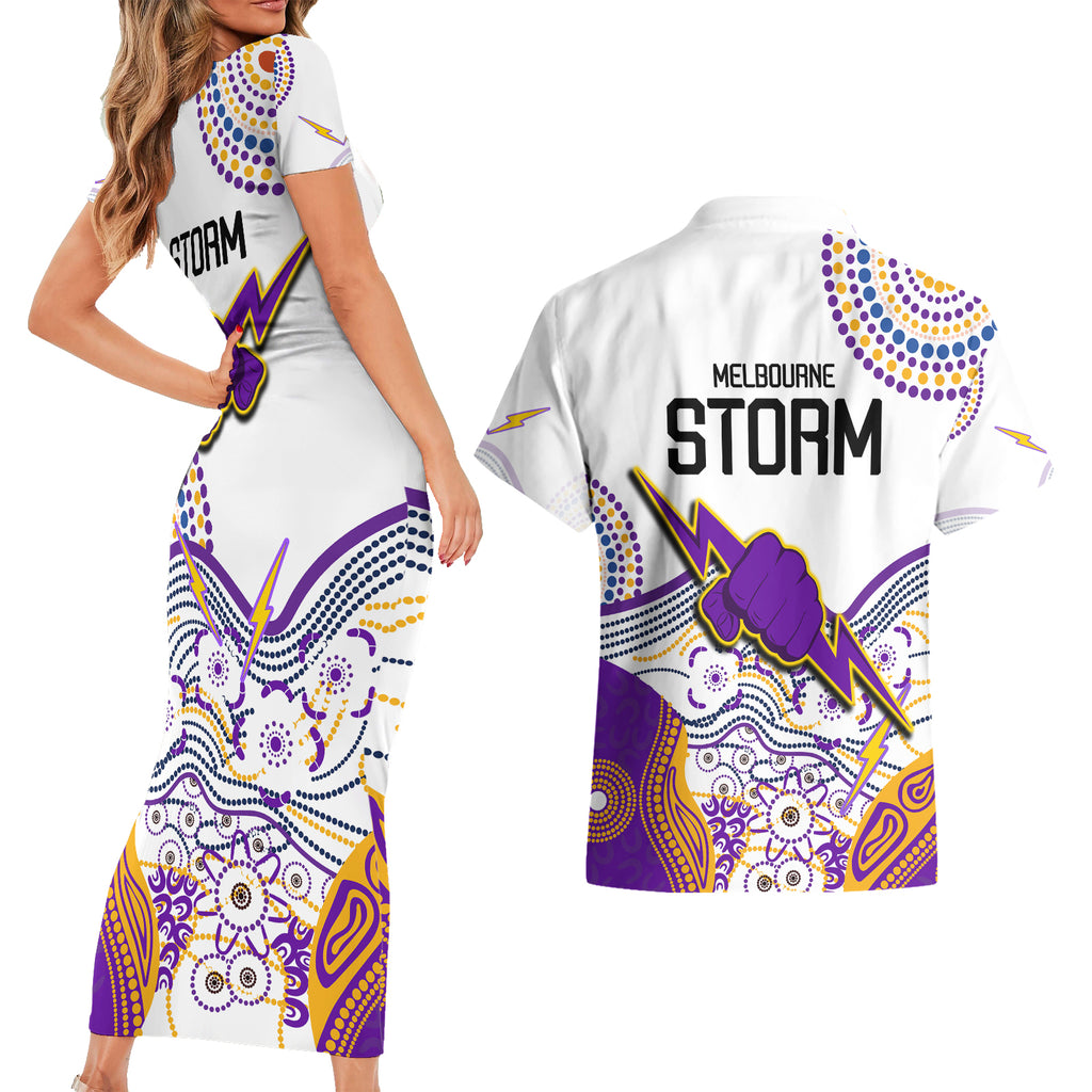 melbourne-storm-2023-couples-matching-short-sleeve-bodycon-dress-and-hawaiian-shirt-special-nrl-rugby-indigenous-aboriginal