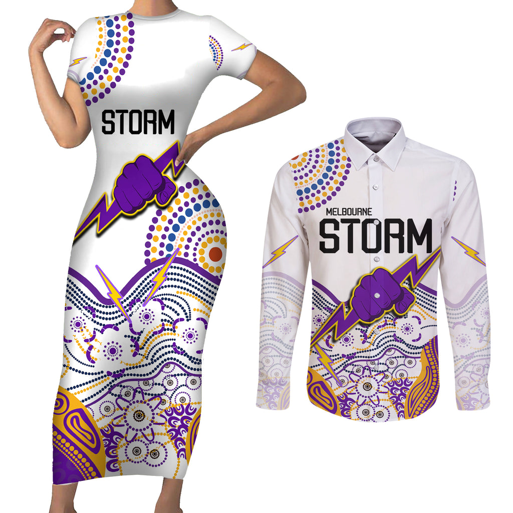 melbourne-storm-2023-couples-matching-short-sleeve-bodycon-dress-and-long-sleeve-button-shirts-special-nrl-rugby-indigenous-aboriginal
