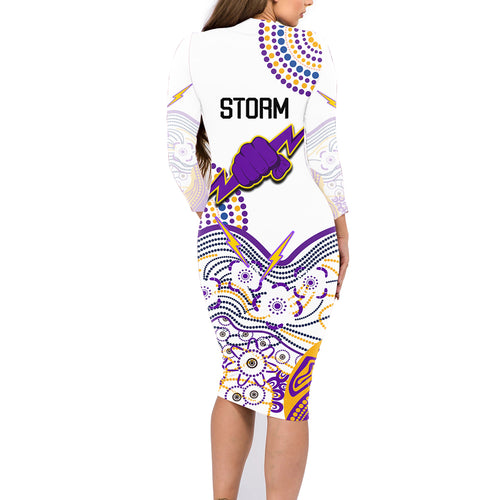 melbourne-storm-2023-family-matching-long-sleeve-bodycon-dress-and-hawaiian-shirt-special-nrl-rugby-indigenous-aboriginal
