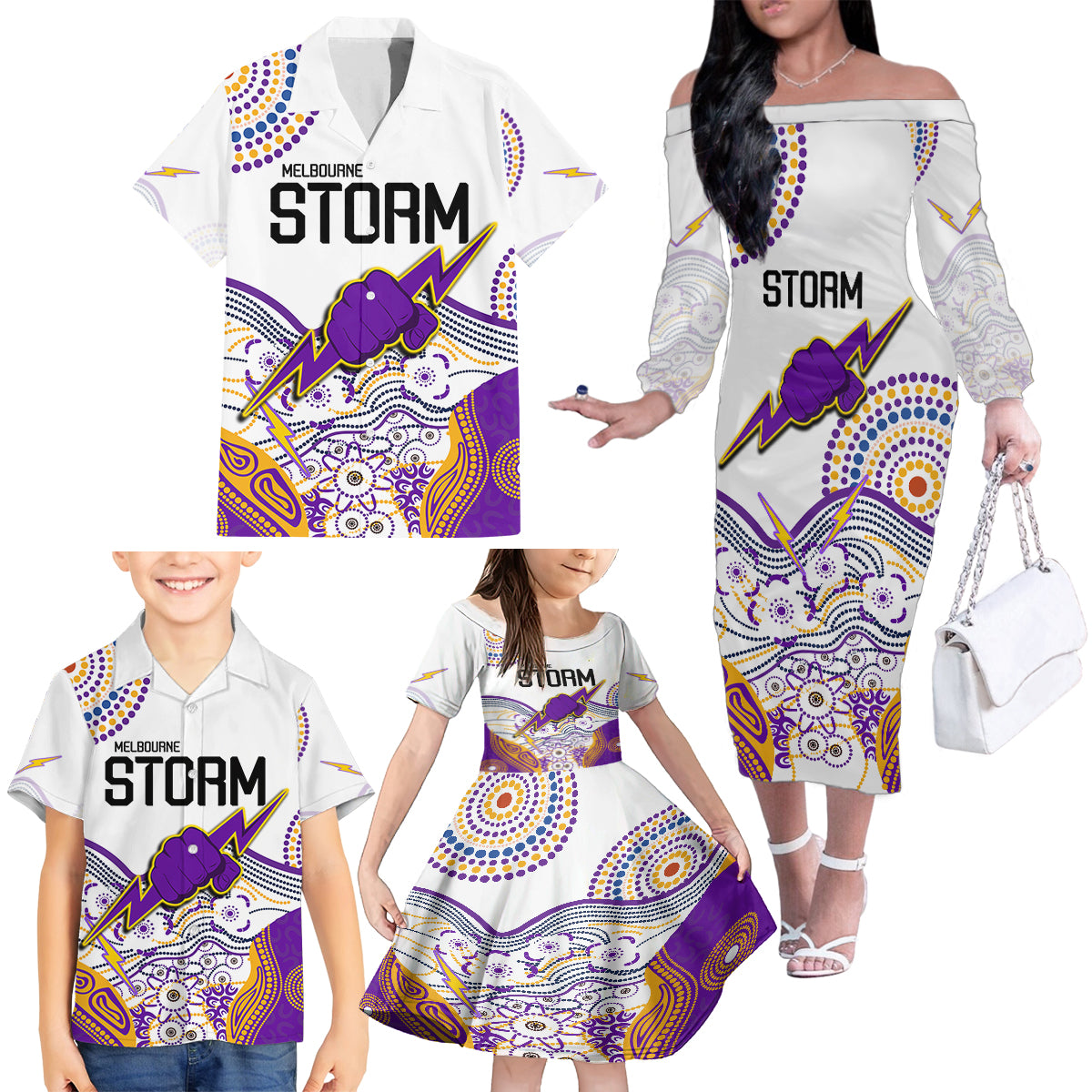 melbourne-storm-2023-family-matching-off-shoulder-long-sleeve-dress-and-hawaiian-shirt-special-nrl-rugby-indigenous-aboriginal