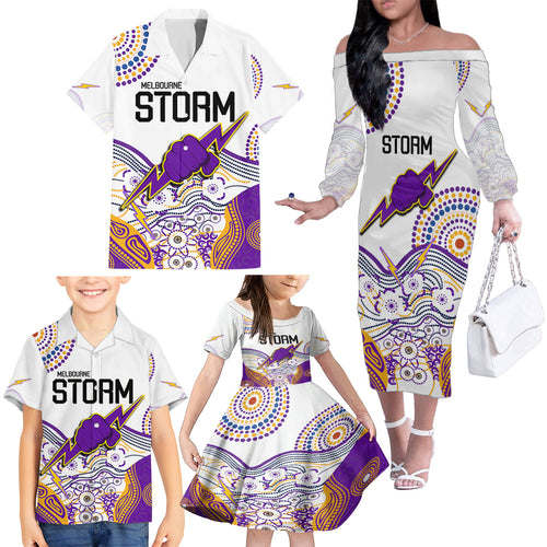 melbourne-storm-2023-family-matching-off-shoulder-long-sleeve-dress-and-hawaiian-shirt-special-nrl-rugby-indigenous-aboriginal