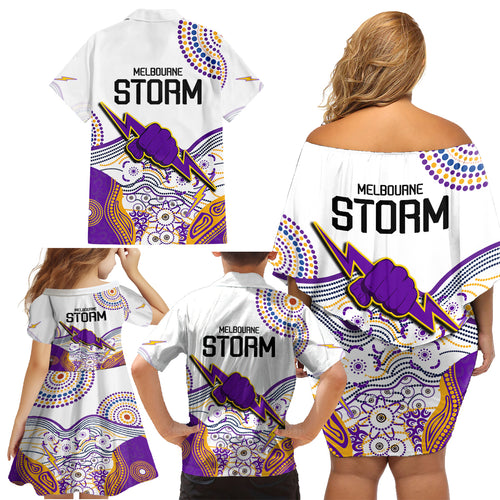 melbourne-storm-2023-family-matching-off-shoulder-short-dress-and-hawaiian-shirt-special-nrl-rugby-indigenous-aboriginal