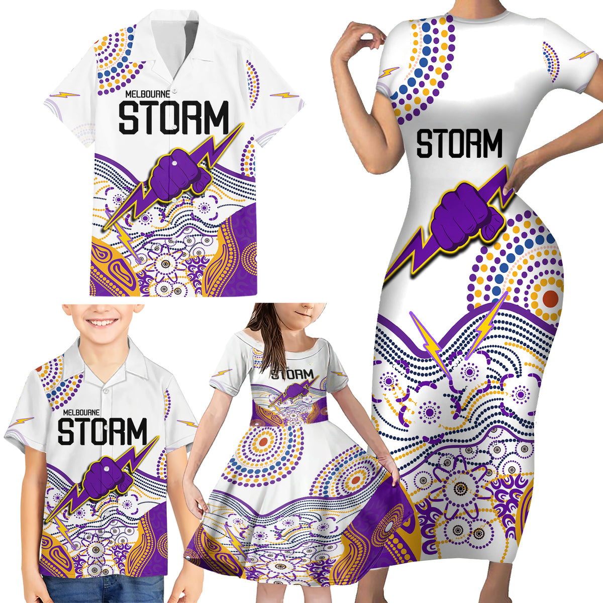 melbourne-storm-2023-family-matching-short-sleeve-bodycon-dress-and-hawaiian-shirt-special-nrl-rugby-indigenous-aboriginal