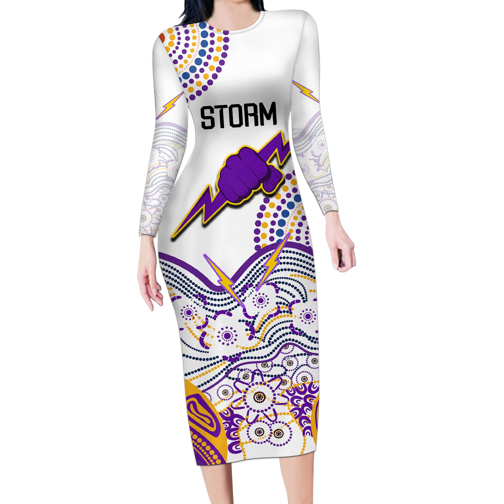 melbourne-storm-2023-long-sleeve-bodycon-dress-special-nrl-rugby-indigenous-aboriginal