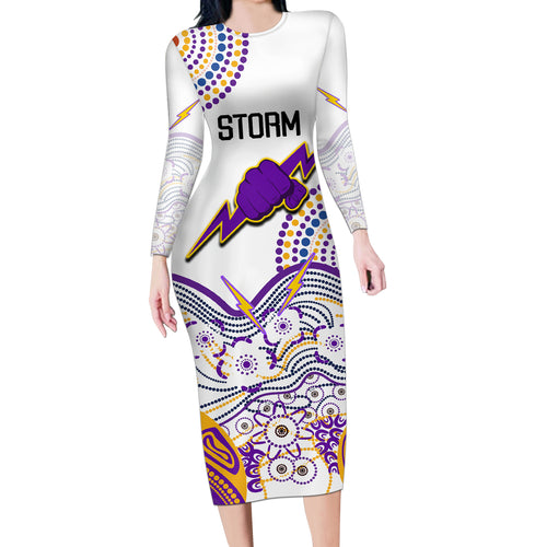melbourne-storm-2023-long-sleeve-bodycon-dress-special-nrl-rugby-indigenous-aboriginal