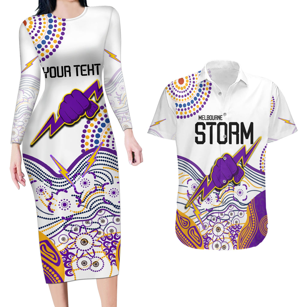 personalised-melbourne-storm-2023-couples-matching-long-sleeve-bodycon-dress-and-hawaiian-shirt-special-nrl-rugby-indeginous-aboriginal