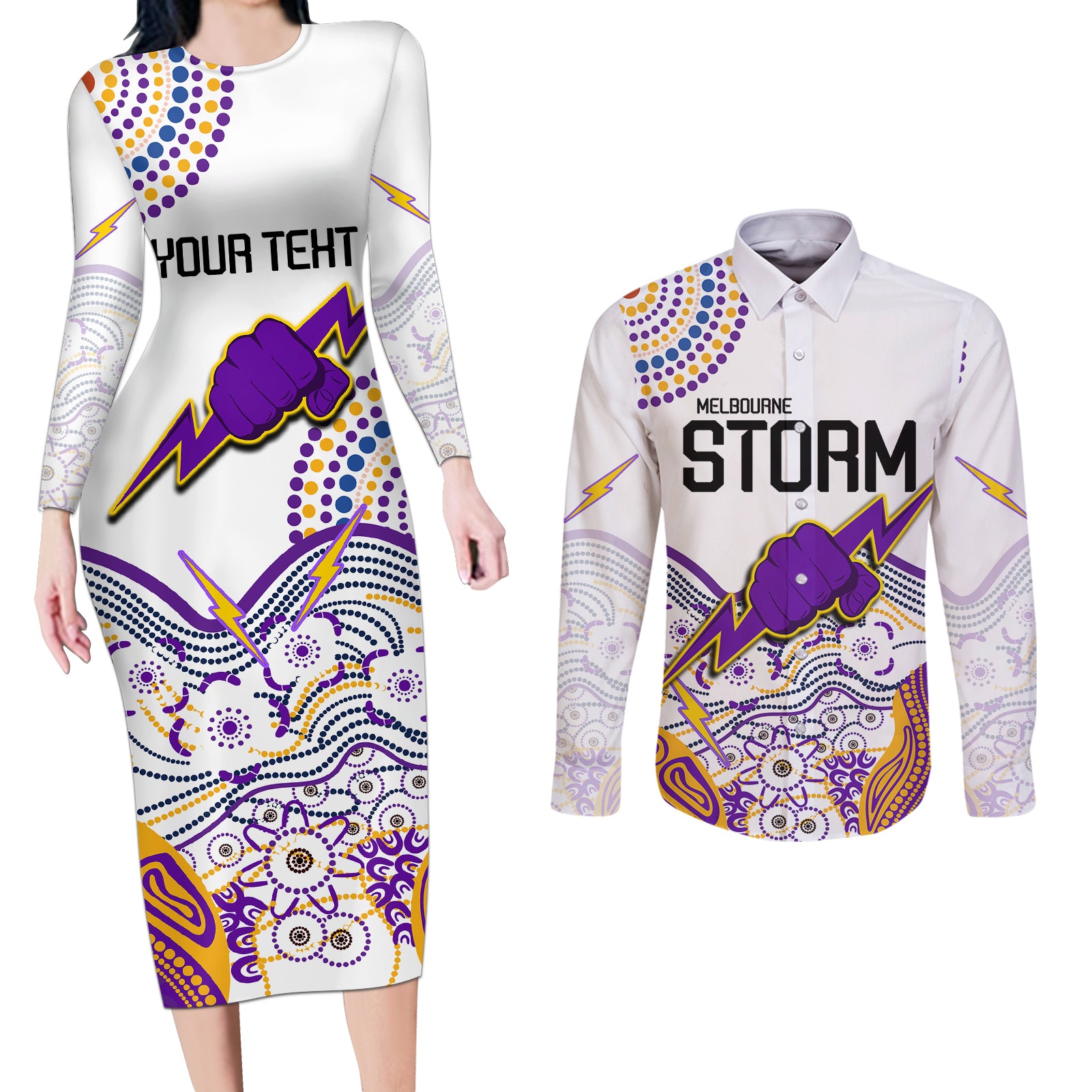 personalised-melbourne-storm-2023-couples-matching-long-sleeve-bodycon-dress-and-long-sleeve-button-shirts-special-nrl-rugby-indeginous-aboriginal