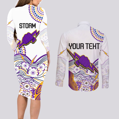 personalised-melbourne-storm-2023-couples-matching-long-sleeve-bodycon-dress-and-long-sleeve-button-shirts-special-nrl-rugby-indeginous-aboriginal