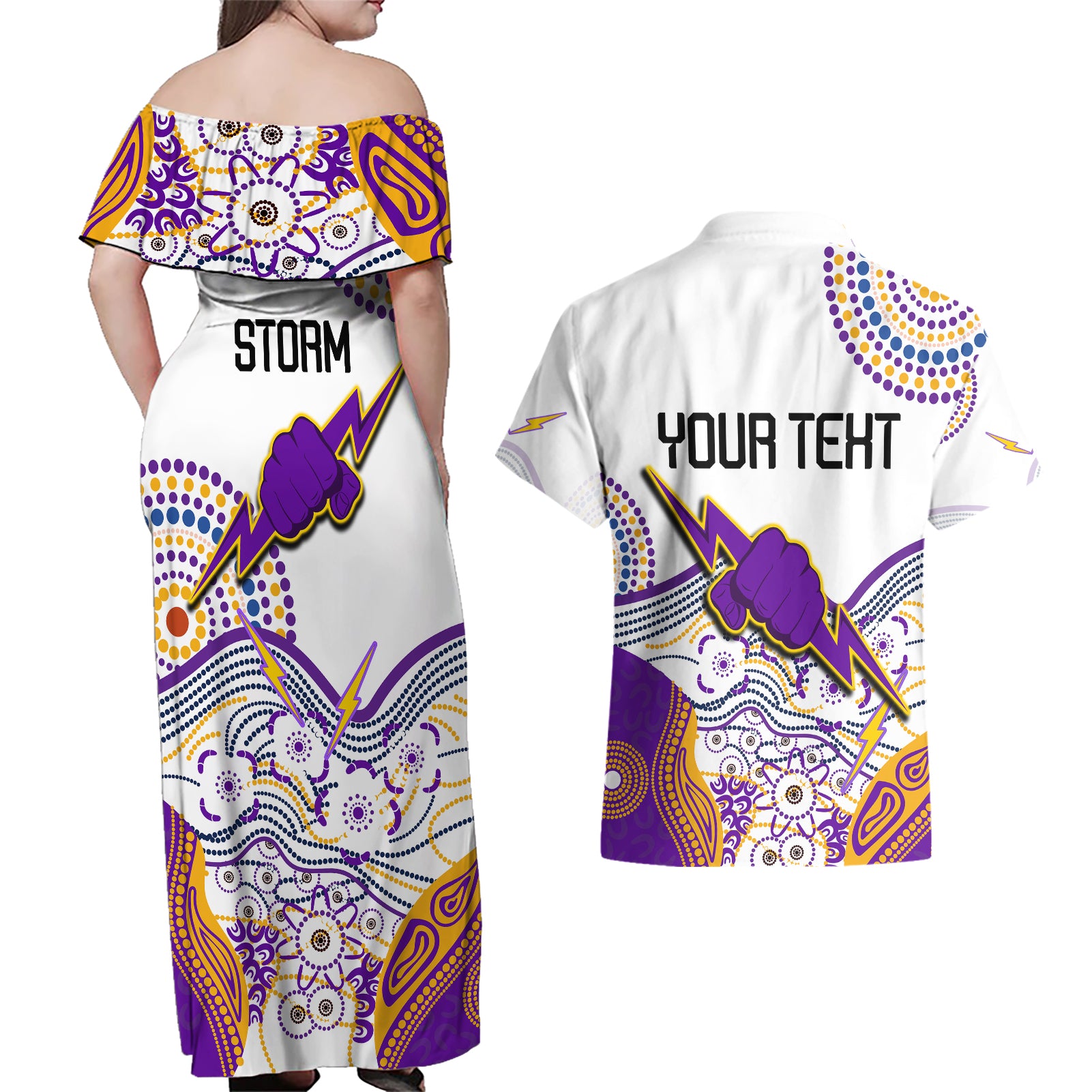 personalised-melbourne-storm-2023-couples-matching-off-shoulder-maxi-dress-and-hawaiian-shirt-special-nrl-rugby-indeginous-aboriginal