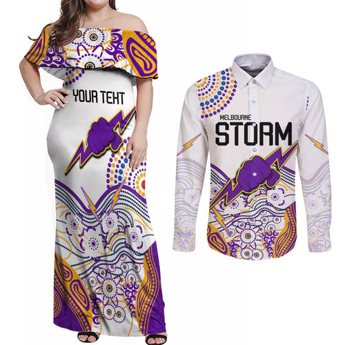 personalised-melbourne-storm-2023-couples-matching-off-shoulder-maxi-dress-and-long-sleeve-button-shirts-special-nrl-rugby-indeginous-aboriginal