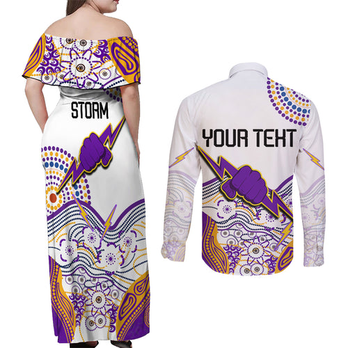 personalised-melbourne-storm-2023-couples-matching-off-shoulder-maxi-dress-and-long-sleeve-button-shirts-special-nrl-rugby-indeginous-aboriginal
