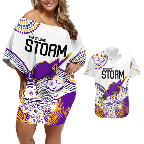 personalised-melbourne-storm-2023-couples-matching-off-shoulder-short-dress-and-hawaiian-shirt-special-nrl-rugby-indeginous-aboriginal