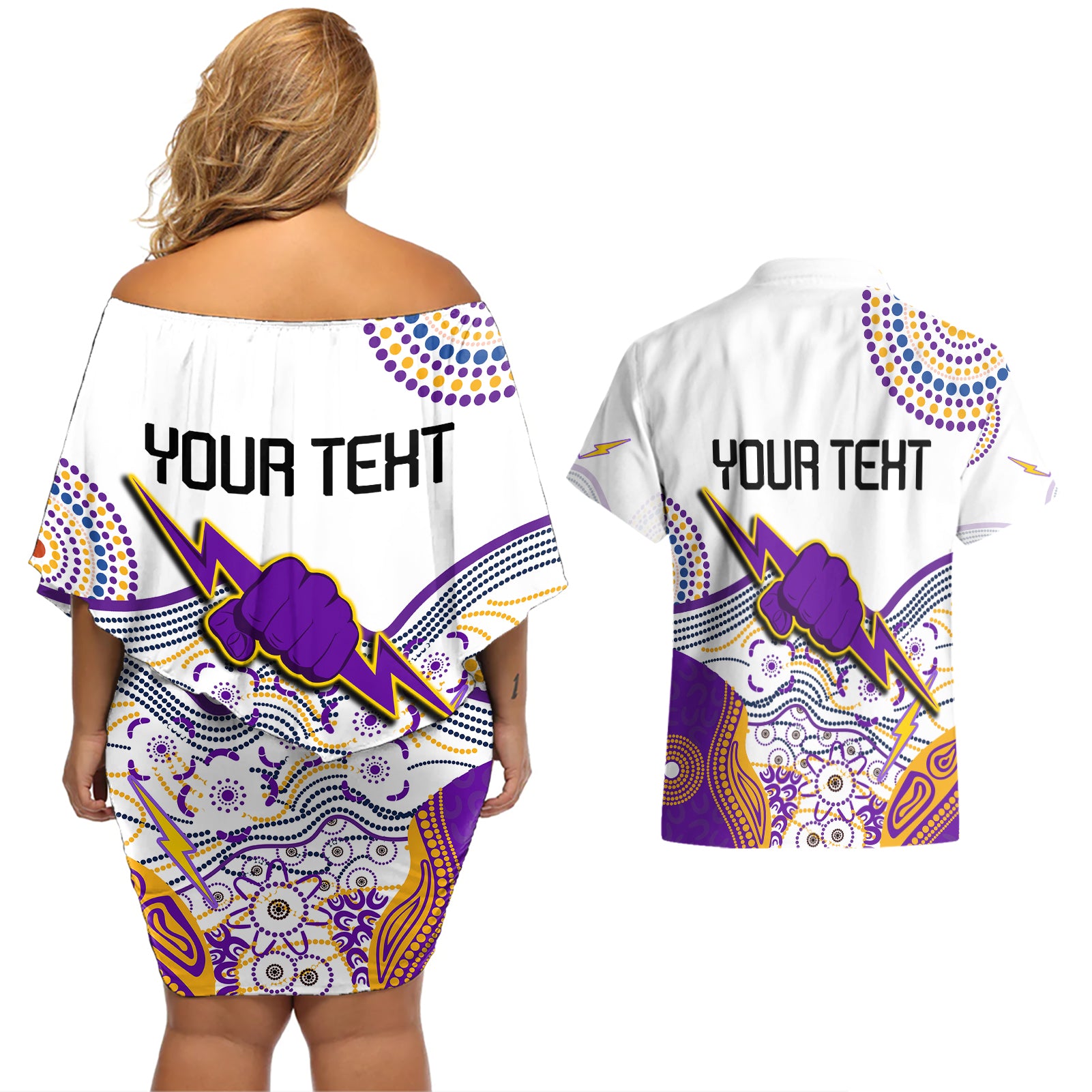 personalised-melbourne-storm-2023-couples-matching-off-shoulder-short-dress-and-hawaiian-shirt-special-nrl-rugby-indeginous-aboriginal