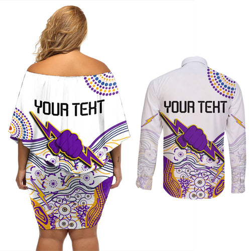 personalised-melbourne-storm-2023-couples-matching-off-shoulder-short-dress-and-long-sleeve-button-shirts-special-nrl-rugby-indeginous-aboriginal