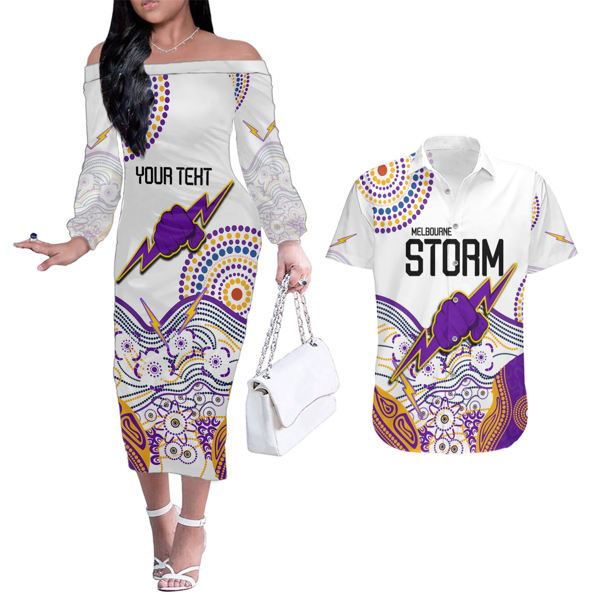 personalised-melbourne-storm-2023-couples-matching-off-the-shoulder-long-sleeve-dress-and-hawaiian-shirt-special-nrl-rugby-indeginous-aboriginal