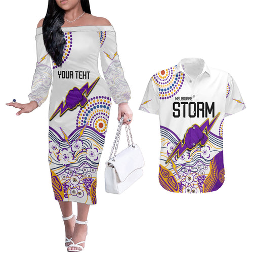 personalised-melbourne-storm-2023-couples-matching-off-the-shoulder-long-sleeve-dress-and-hawaiian-shirt-special-nrl-rugby-indeginous-aboriginal