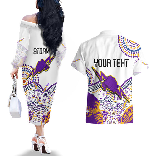 personalised-melbourne-storm-2023-couples-matching-off-the-shoulder-long-sleeve-dress-and-hawaiian-shirt-special-nrl-rugby-indeginous-aboriginal