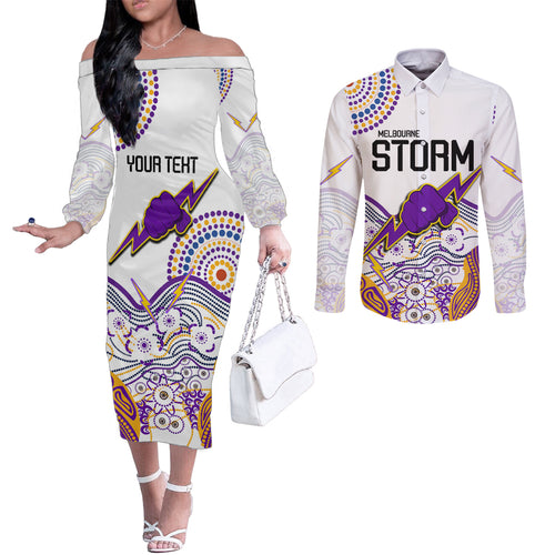 personalised-melbourne-storm-2023-couples-matching-off-the-shoulder-long-sleeve-dress-and-long-sleeve-button-shirts-special-nrl-rugby-indeginous-aboriginal