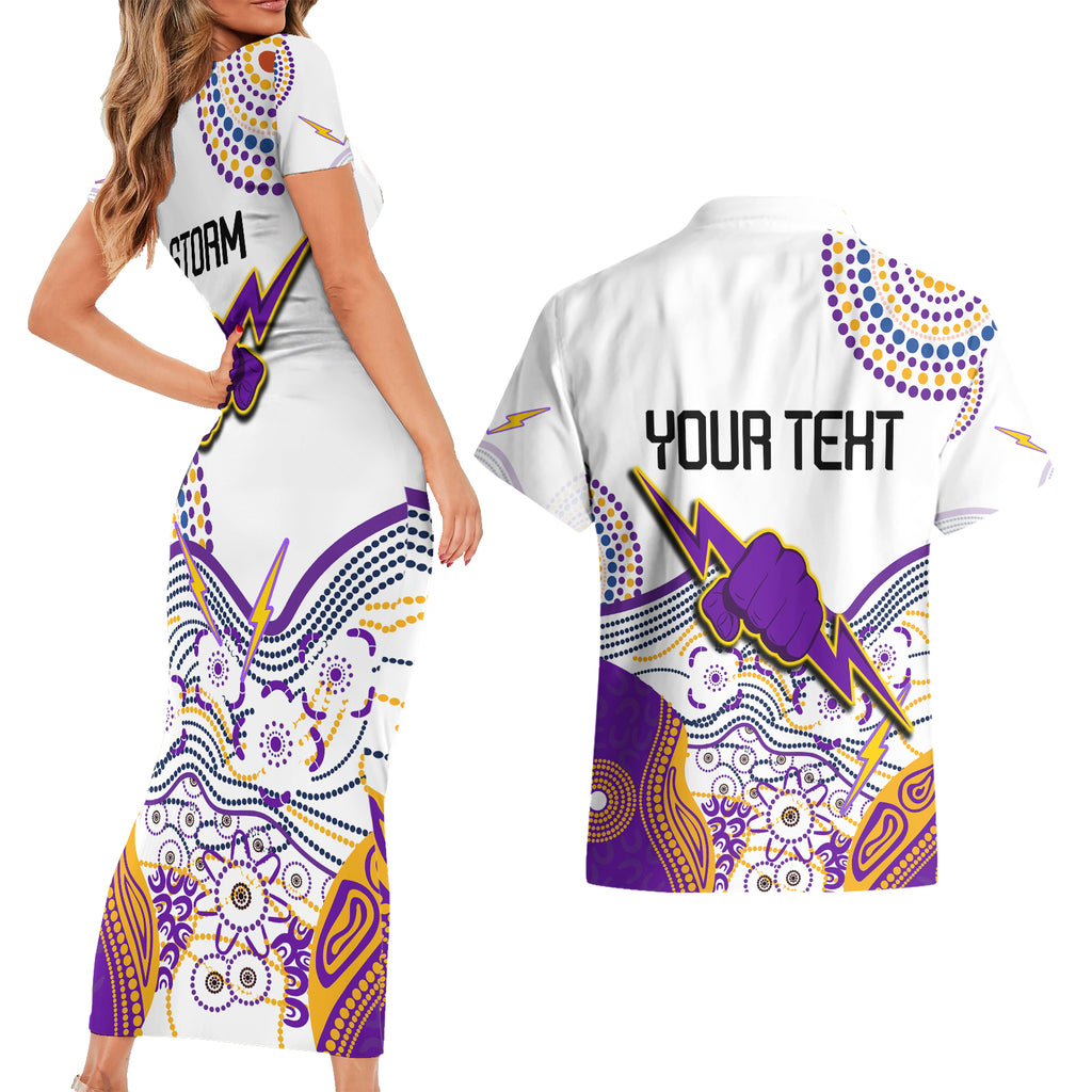 personalised-melbourne-storm-2023-couples-matching-short-sleeve-bodycon-dress-and-hawaiian-shirt-special-nrl-rugby-indeginous-aboriginal
