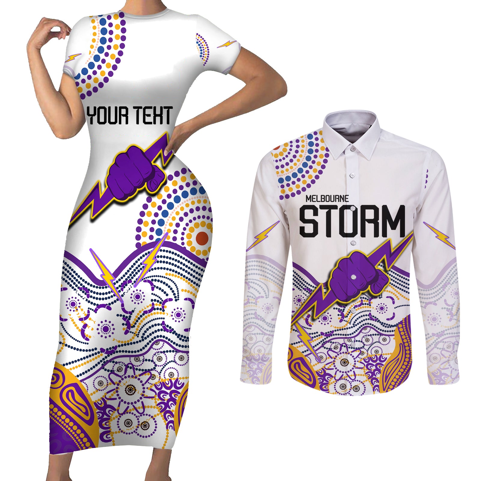personalised-melbourne-storm-2023-couples-matching-short-sleeve-bodycon-dress-and-long-sleeve-button-shirts-special-nrl-rugby-indeginous-aboriginal