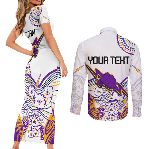 personalised-melbourne-storm-2023-couples-matching-short-sleeve-bodycon-dress-and-long-sleeve-button-shirts-special-nrl-rugby-indeginous-aboriginal
