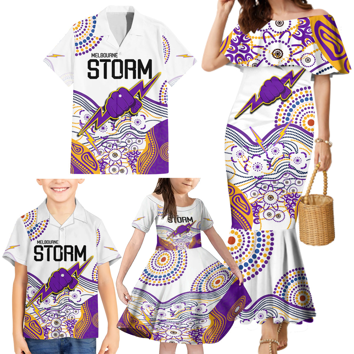 personalised-melbourne-storm-2023-family-matching-mermaid-dress-and-hawaiian-shirt-special-nrl-rugby-indeginous-aboriginal