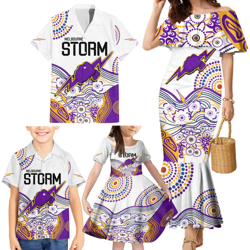 personalised-melbourne-storm-2023-family-matching-mermaid-dress-and-hawaiian-shirt-special-nrl-rugby-indeginous-aboriginal