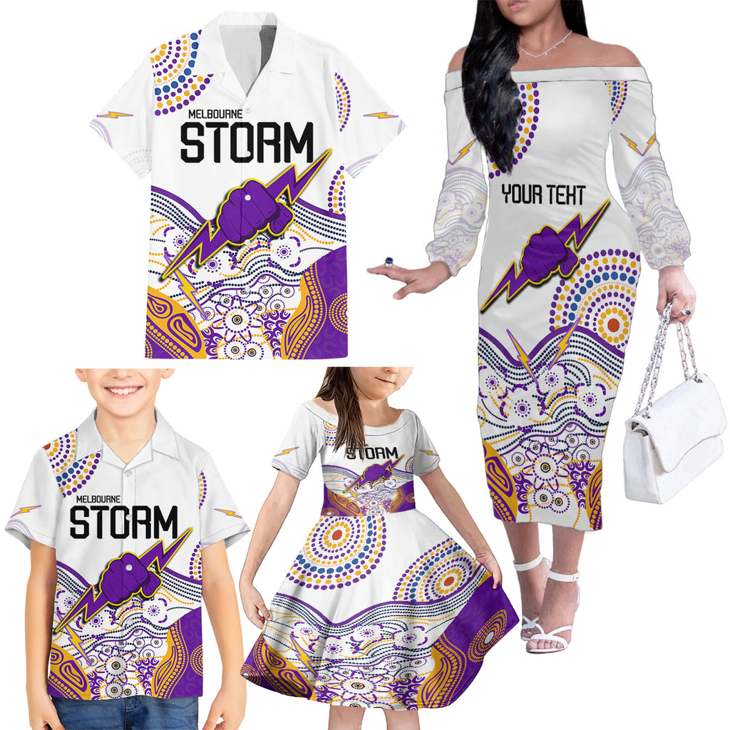 personalised-melbourne-storm-2023-family-matching-off-shoulder-long-sleeve-dress-and-hawaiian-shirt-special-nrl-rugby-indeginous-aboriginal