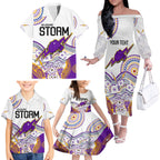 personalised-melbourne-storm-2023-family-matching-off-shoulder-long-sleeve-dress-and-hawaiian-shirt-special-nrl-rugby-indeginous-aboriginal