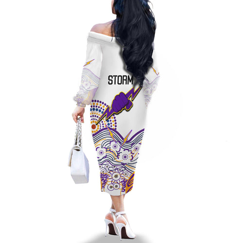 personalised-melbourne-storm-2023-family-matching-off-shoulder-long-sleeve-dress-and-hawaiian-shirt-special-nrl-rugby-indeginous-aboriginal